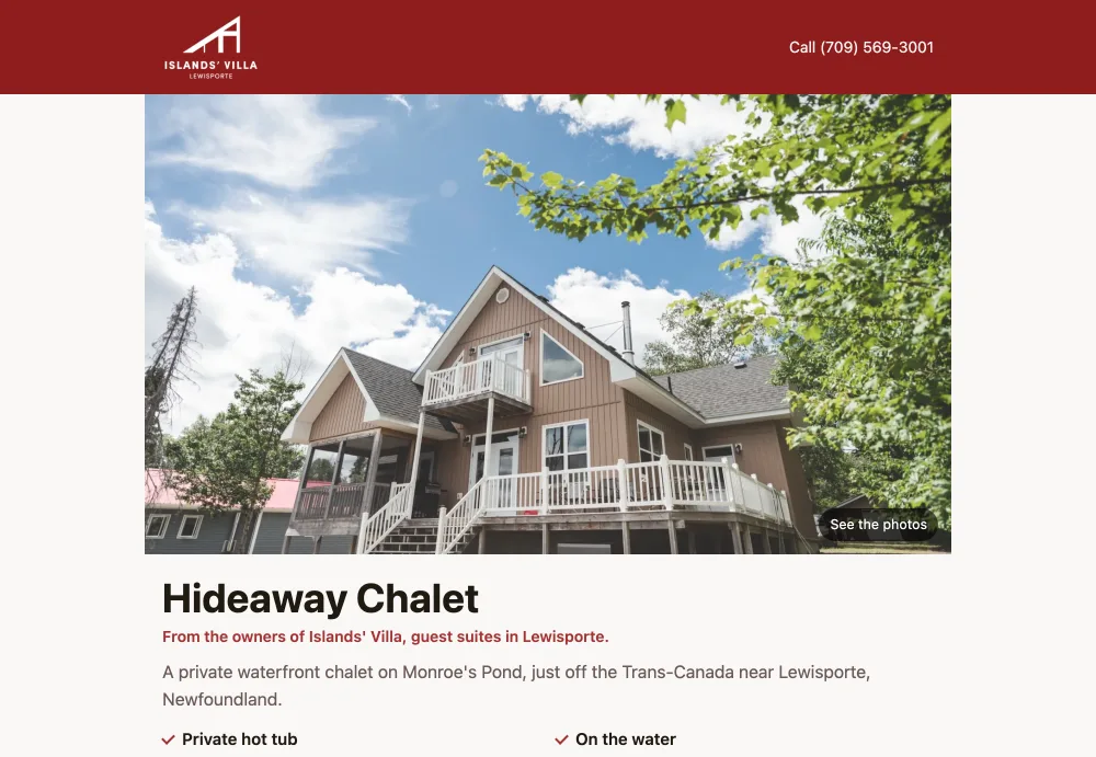 The booking page for Hideaway Chalet by Islands' Villa: a photo of the chalet among the trees, with its name and location below