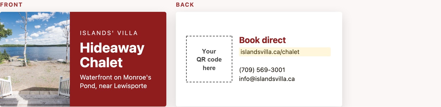 Hideaway Chalet business card, front and back.