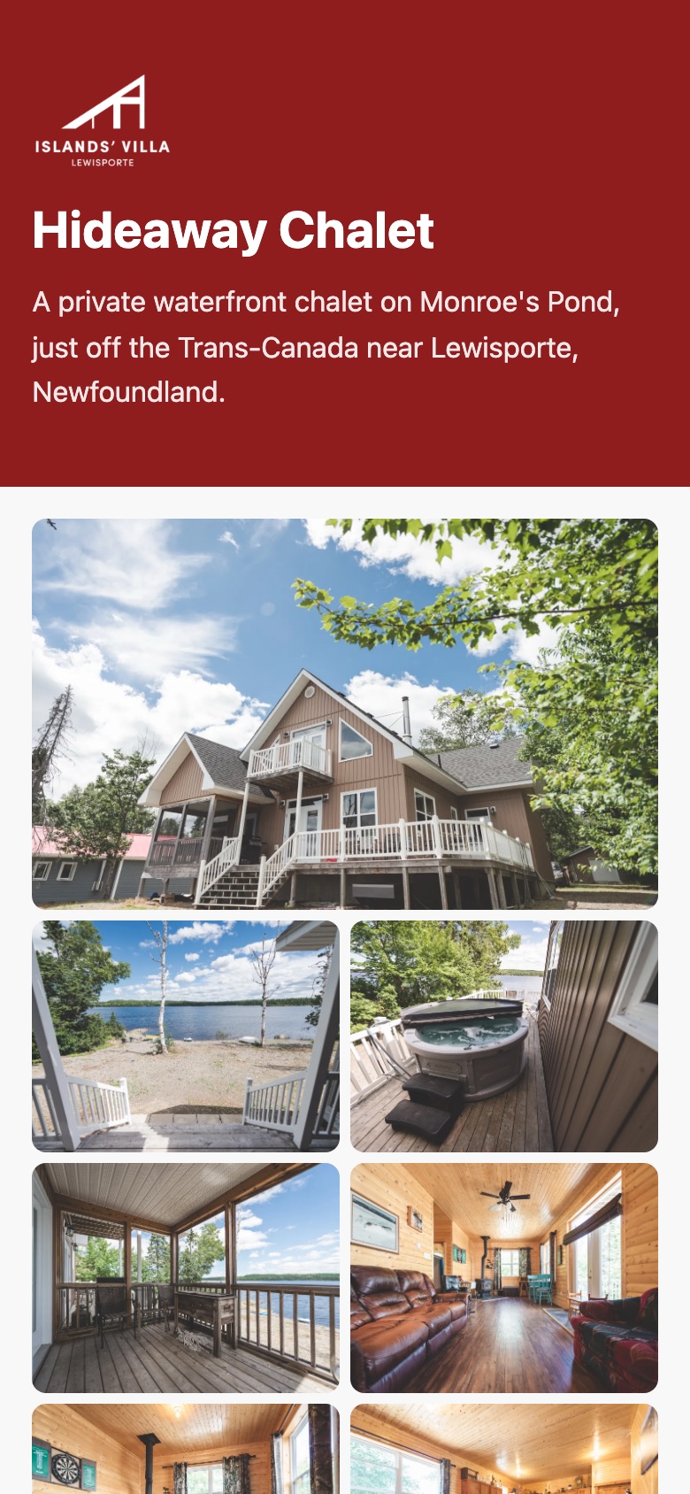 Hideaway Chalet’s booking page on a phone: the Islands’ Villa header, then the chalet’s photos.