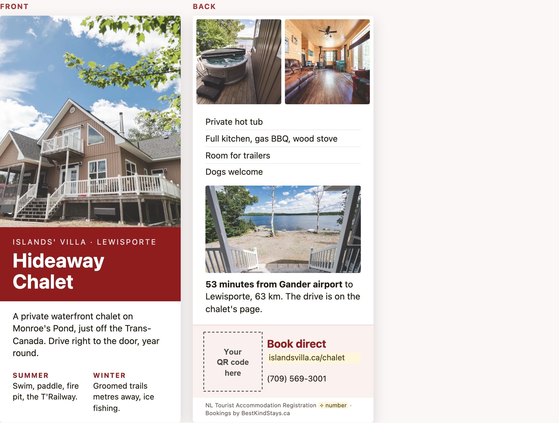 Hideaway Chalet rack card, front and back: the chalet photo and name, then the hot tub, the living room, the pond view, the drive from Gander airport and a QR code to book direct.